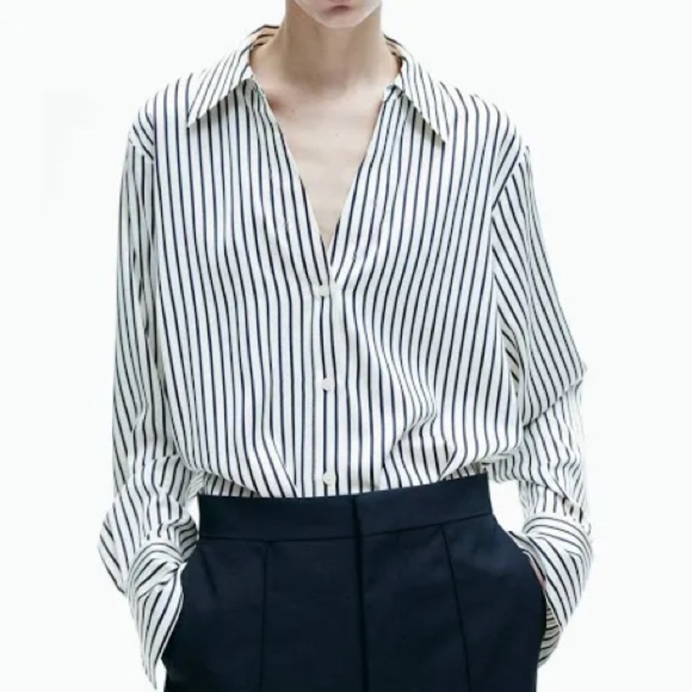 H&M Black and White Striped Satin Button Down - L